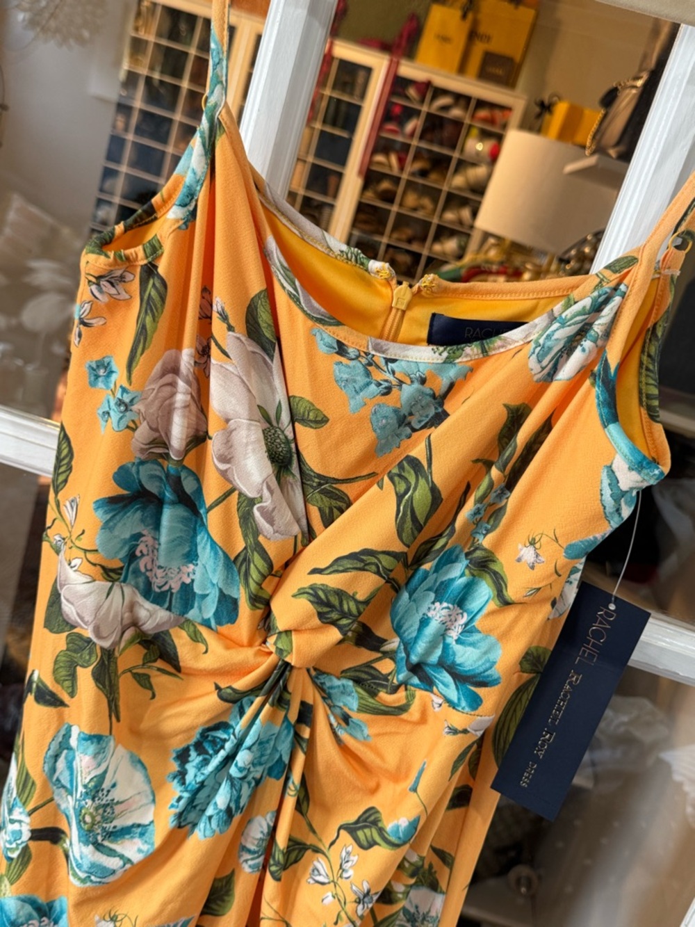 ☀️🔹 RACHEL Rachel Roy Mustard Yellow Floral Twist-Front Midi Dress 🔹☀️ - Picture 3 of 5